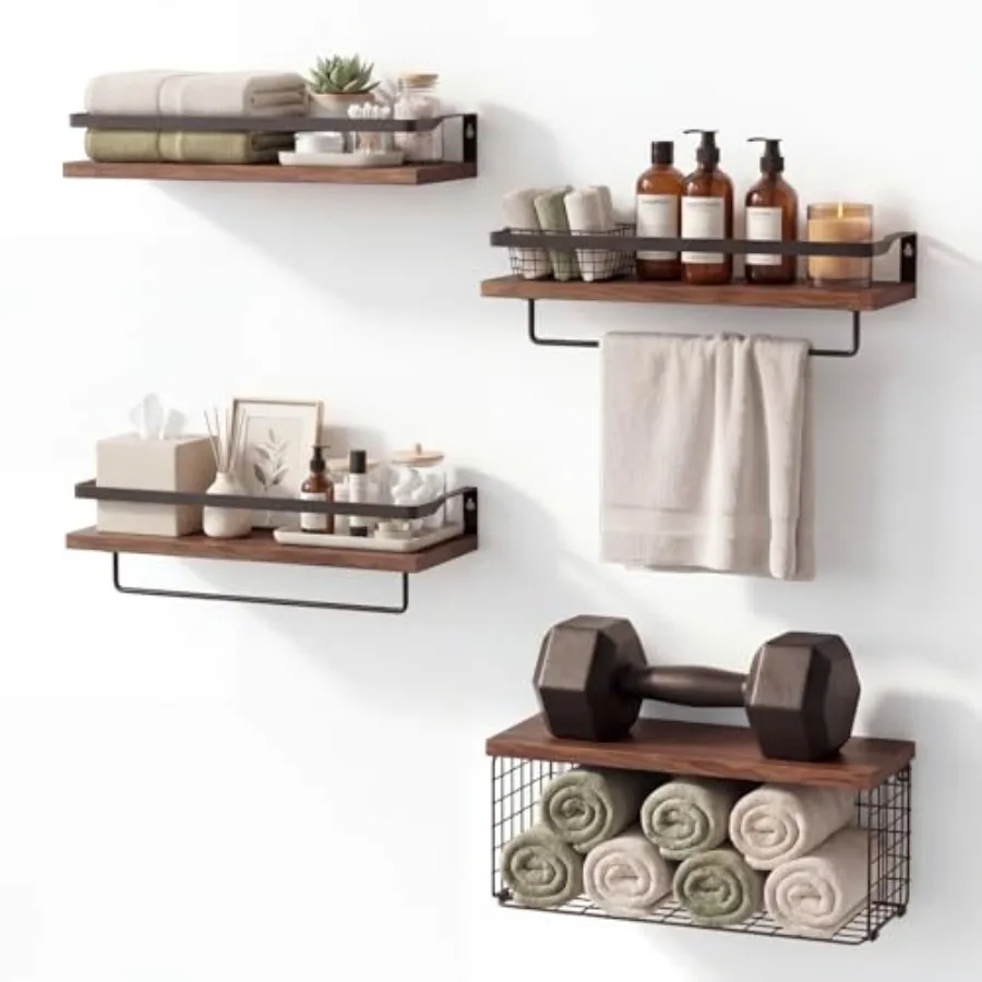 

Rustic Paulownia Wood Floating Shelves Set of 4 with 2 Towel Bars 16.1 in Wall Mounted Bathroom Shelves for Over Toilet Decor 1