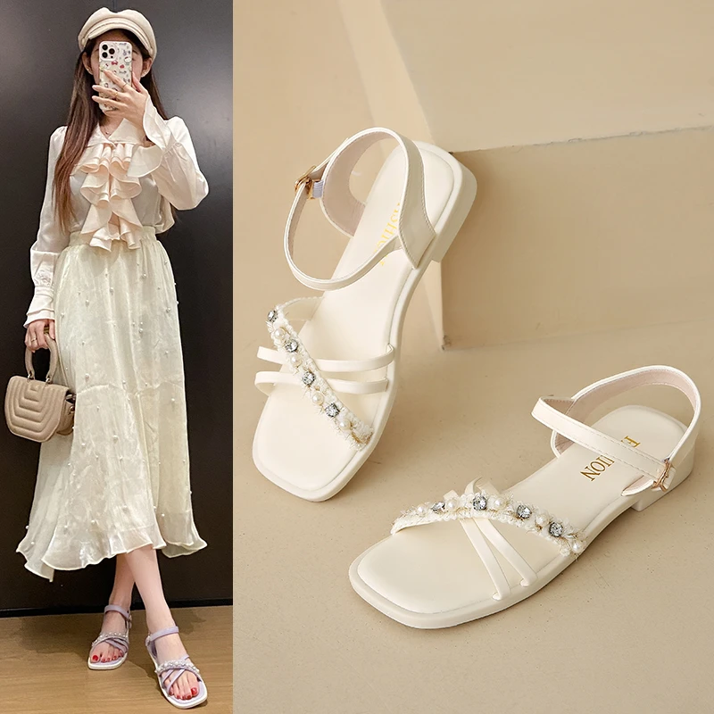 

Women's Fashion Sandals Flat Sole Pearl Rhinestones Sandals Women Dress Daily Summer Fairy Style All-match Sandalias De Mujer