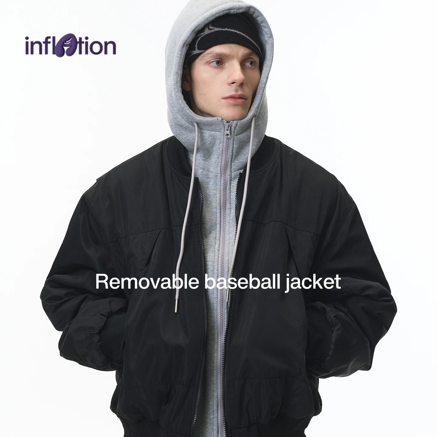 

INFLATION Men’s Winter Detachable Layered Baseball Jacket Cleanfit Streetwear Hooded Coat Casual Outerwear