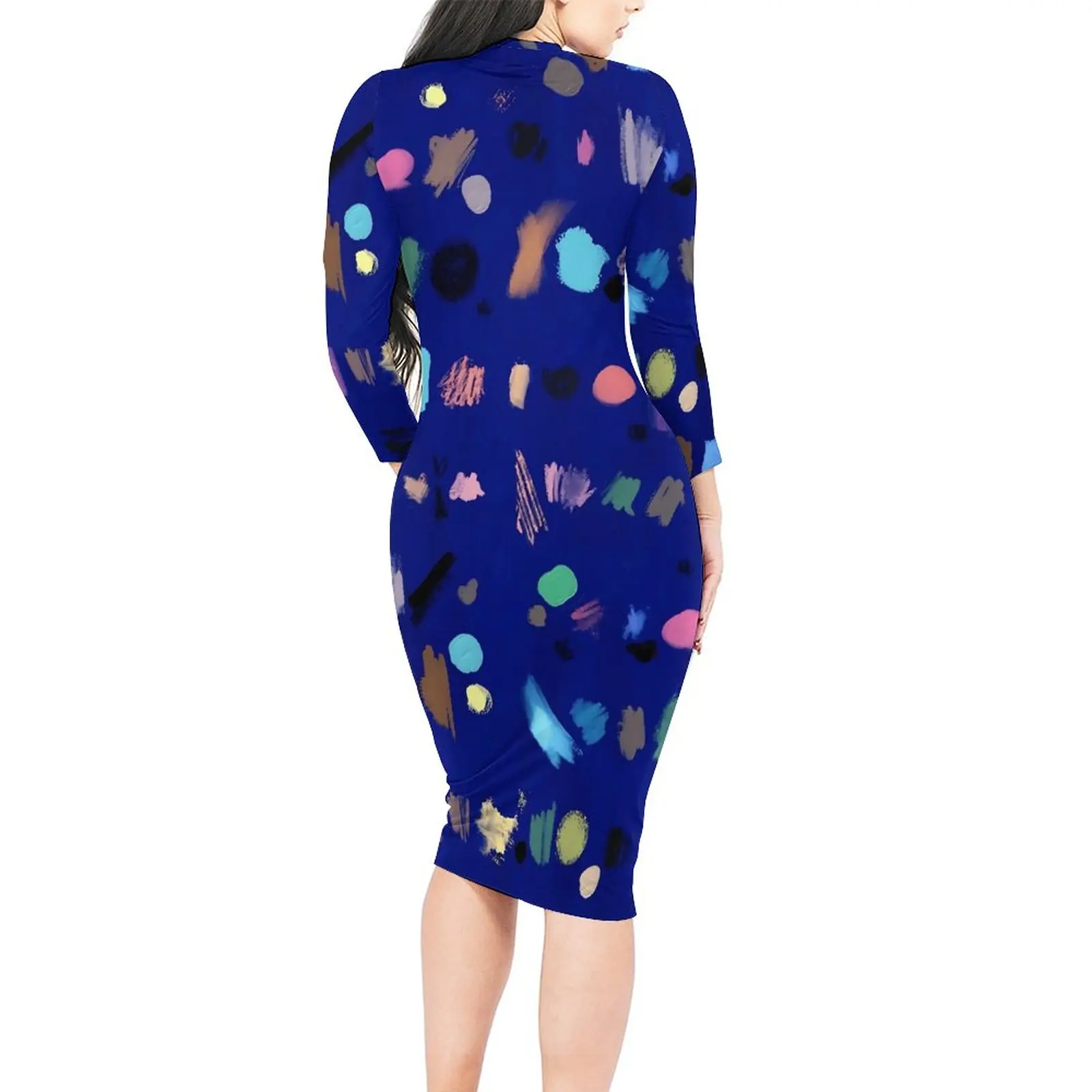 Brush Print Bodycon Dress Woman Colorful Abstract Stylish Dresses Spring Long Sleeve Korean Fashion Pattern Dress Large Size 6XL