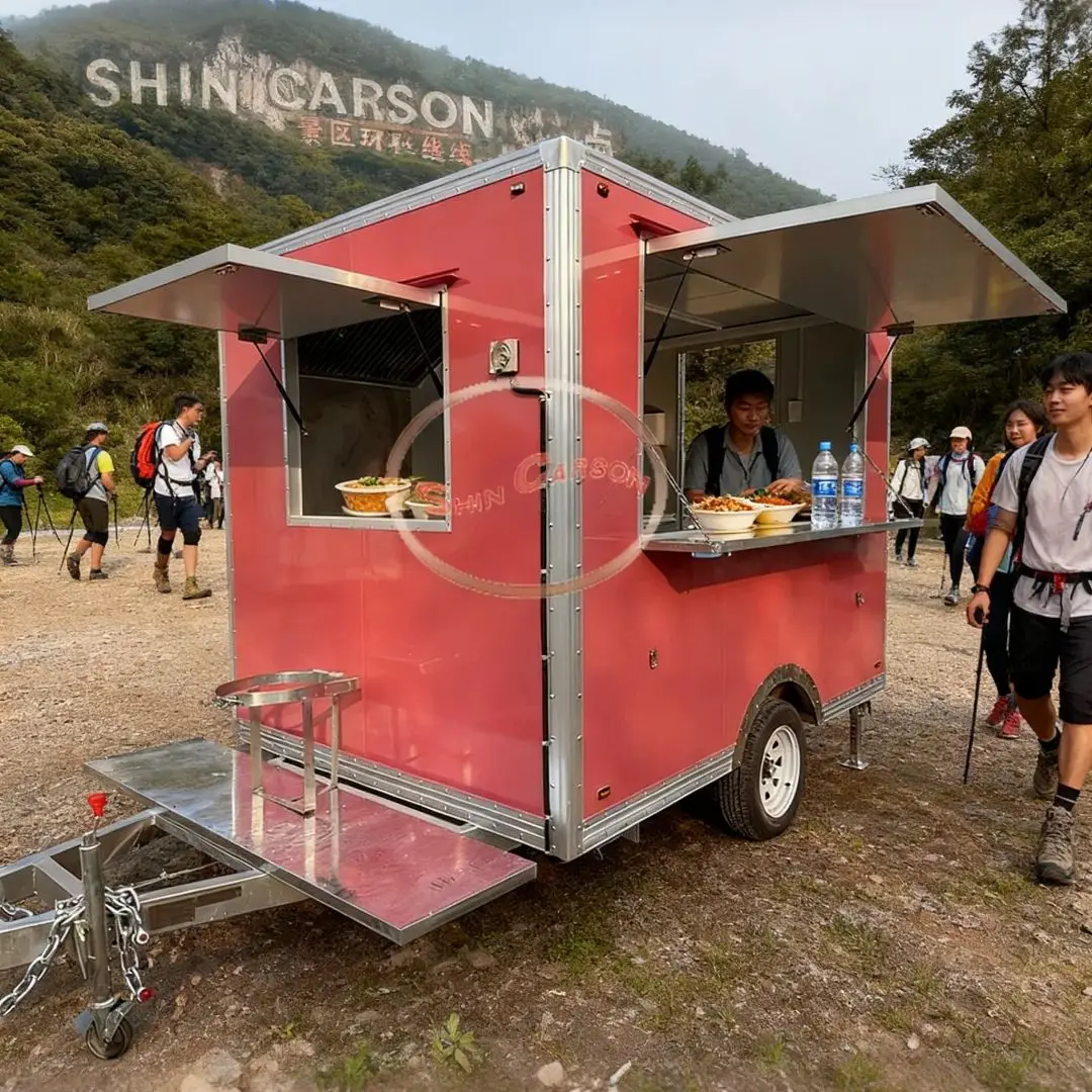 مقطورة طعام متنقلة من الألياف الزجاجية مصنوعة من الفولاذ المقاوم للصدأ، شاحنة تقديم الطعام مجهزة بالكامل لشركة الامتياز