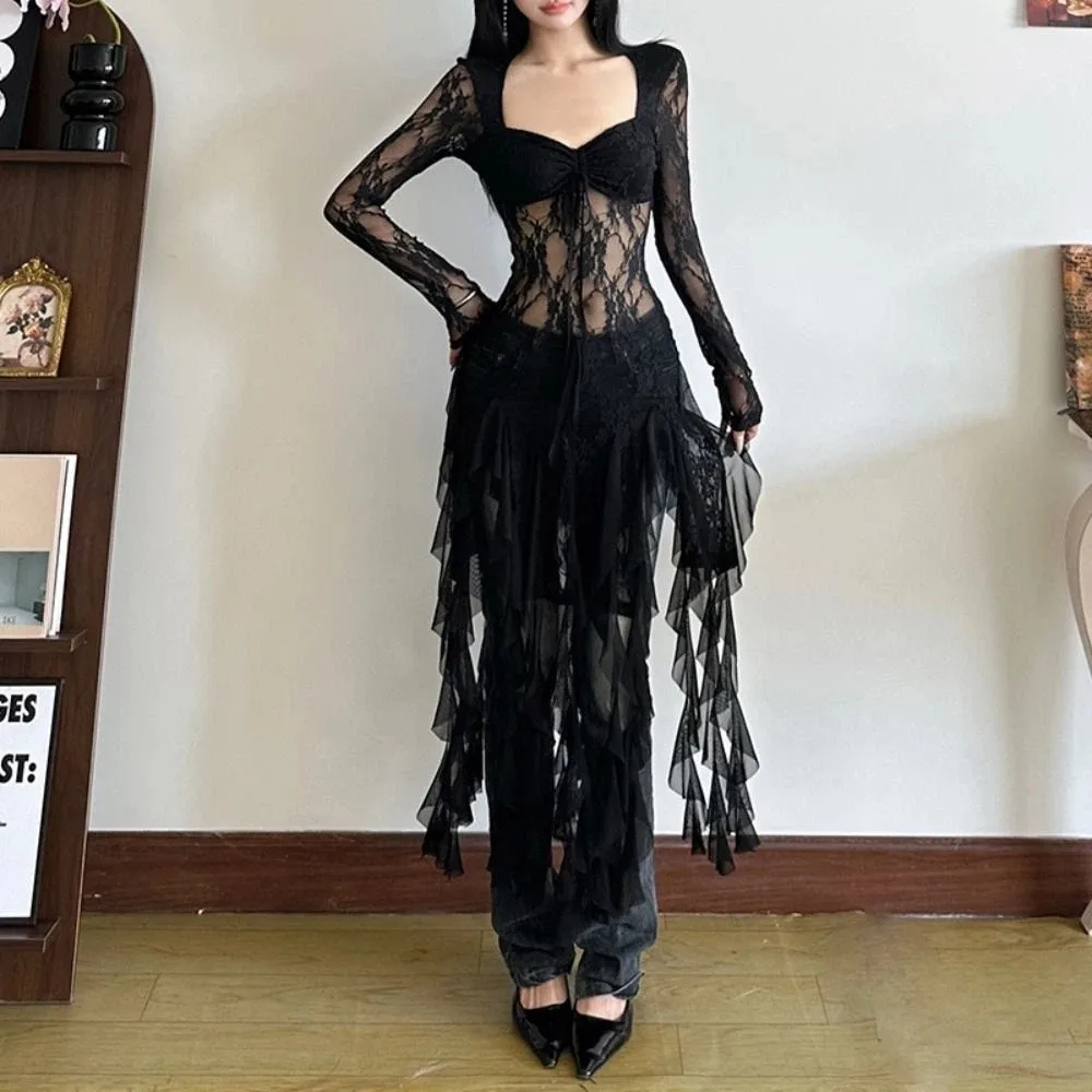 긴 소매 레이스 꽃무늬 드레스 러플 엣지 슬림 핏 플리츠 레이스 드레스 스파이시 걸 스타일 스위트 투명 드레스 여성 파티용