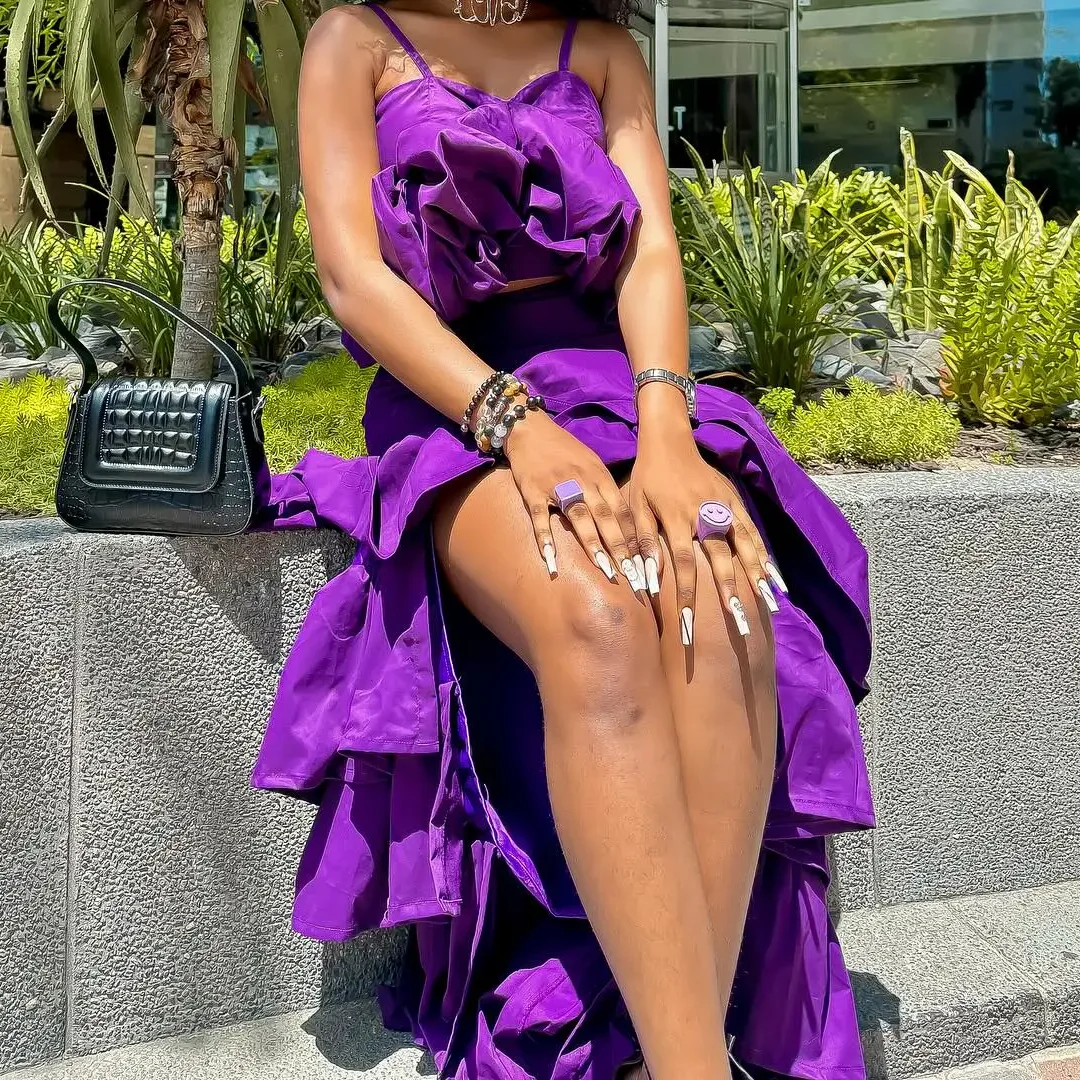 Elegant Short Top And Mermaid Layered Skirts Female High Street Dark Purple Women Maxi Dresses Customized