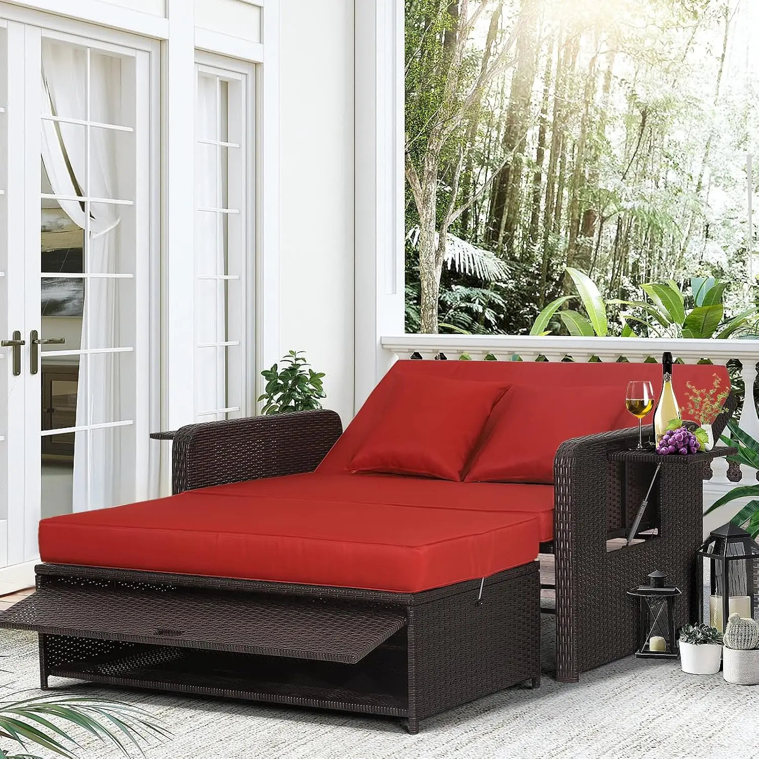 Outdoor Wicker Daybed with Adjustable Backrest Storage Ottoman Cushions Rattan Patio Furniture, Customized