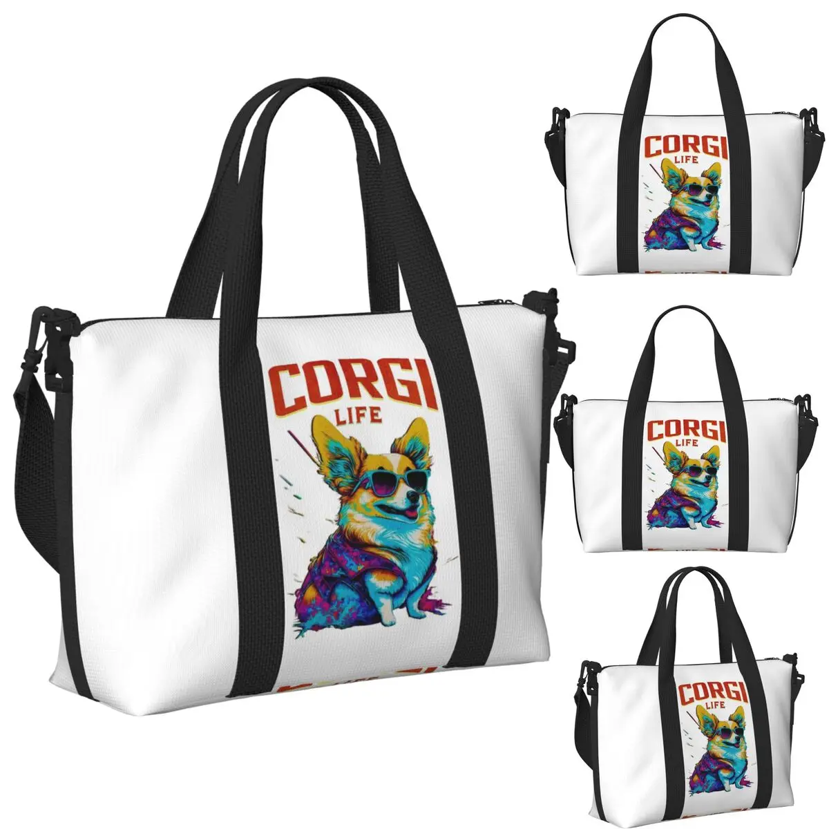

Cute Corgi Life Colorful Dog Lover Corgis Beach Travel Bag Large Capacity Tote Bags for Gym Women Shopping Duffle Shoulder Bag