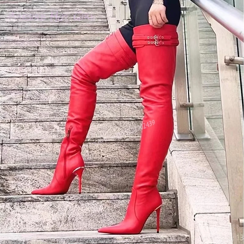 

Bright Red Buckle Thigh Boots Women Sexy Leather Stilettos Pointed Patchwork Loose Elastic Shoes Zipper Customized 47Size Shoes