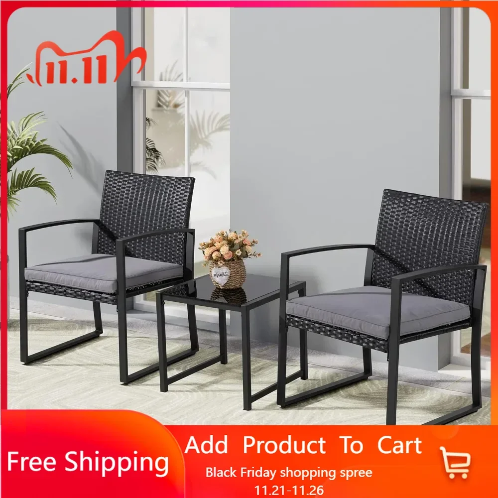 3 Pieces Outdoor Patio Furniture Set, Modern Wicker Bistro Set, Conversation Rattan Chair of 2 with Coffee Table