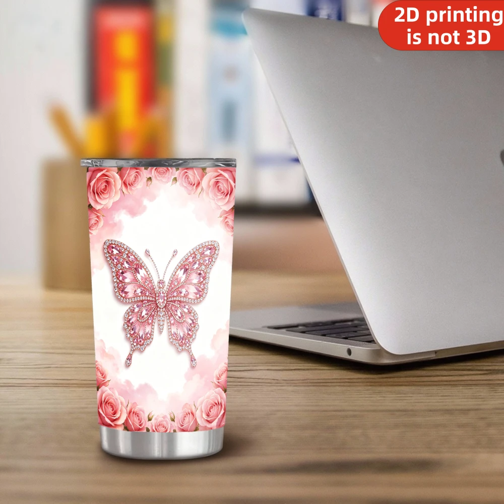 20oz Pink Diamond Butterfly Rose Flower Printed Stainless Steel Tumbler with Lid and Straw, Sparkling Floral Graphic Vacuum Insulated Travel Coffee Mug Gifts for Women