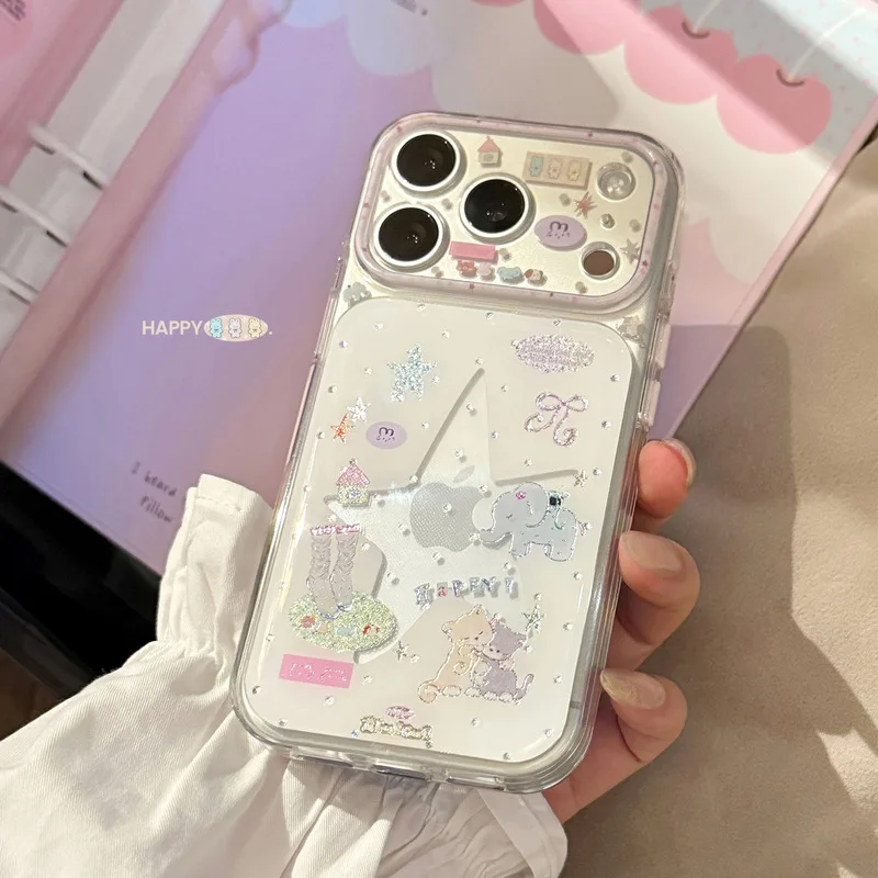 Cute Elephant Pattern Double Layer Soft TPU Shockproof Anti-drop Anti-fingerprint Phone Case for iPhone 17 16 15 14 Pro Max