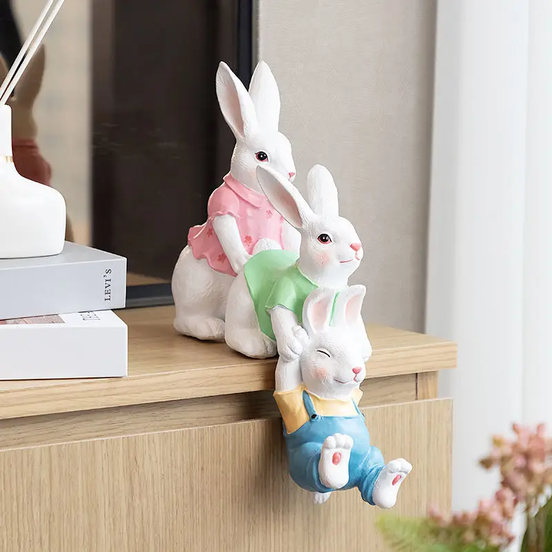 Three Lovely Rabbits Resin Statue Ornaments Household Porch Cabinet Figurines Decoration Children's Room Store Sculpture Crafts