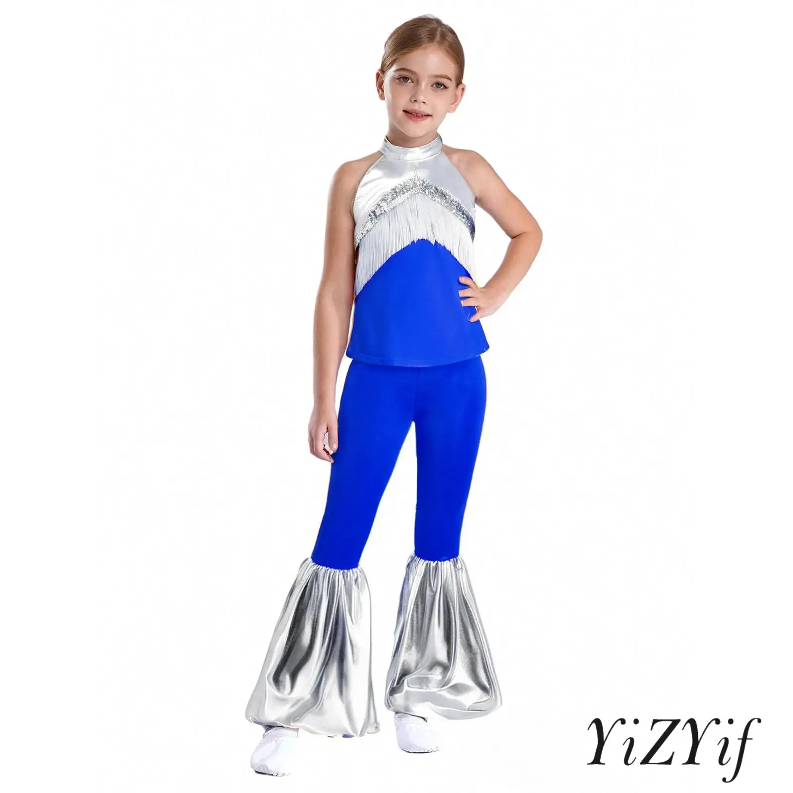 

Kids Girls 70s Disco Dance Outfits Tassel Sequins Metallic Crop Top+Bell-Bottomed Pants Jazz Dancewear for Halloween Carnival