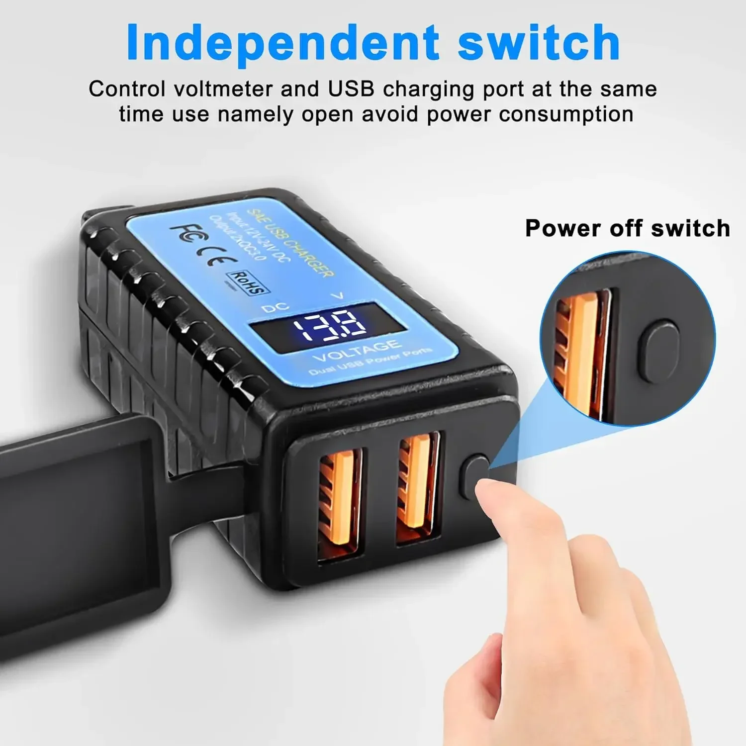 Pengisi daya sepeda motor 36W USB SAE ke USB ganda QC3.0 pengisi daya Voltmeter ON/Off saklar 100CM kabel tahan air aksesori motor