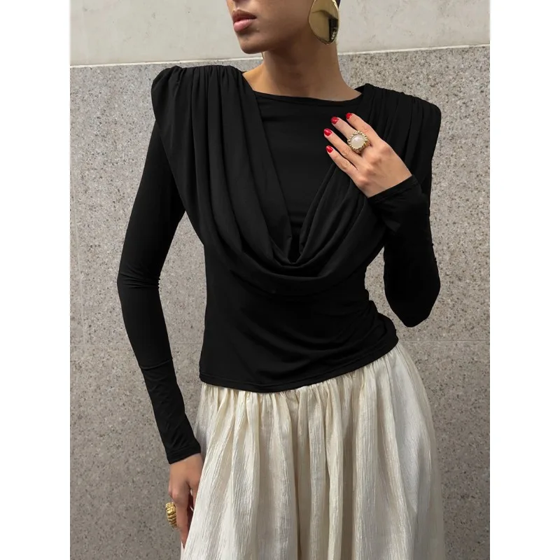2025 Winter Elegante Top Met Lange Mouwen Damesmode Gebreide Dieptepunt T-shirt Temperament Nauwsluitende Dieptepunt Shirt