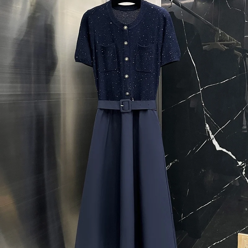 

EP Premium Edition Glowing Stars Knitted Long Dr Waist-Cinching Ele Sle Autumn 2024 New Arrival Polyester Fiber