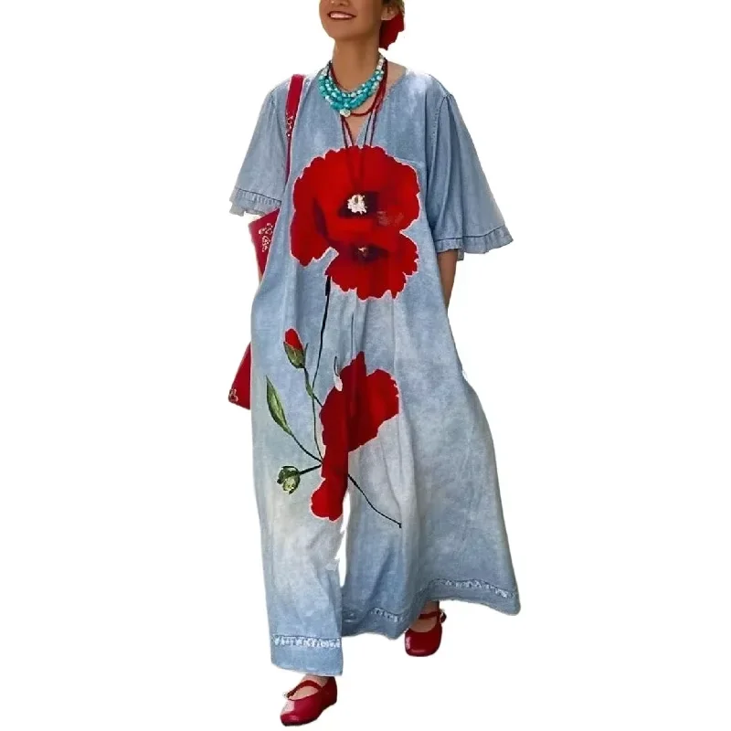 

Modigirl Loose Flower Print Maxi Dress for Woman Not Denim Vintage Half Sleeves V-neck Women's Summer Casual Vacation Long Dress