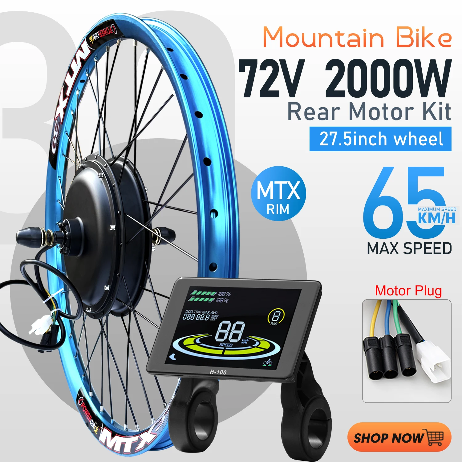 AliExpress LITTLE TT MTX 72V 2000W Electric Bicycle Conversion Kit 27.5'' Brushless Rear Hub Motor Wheel With H-100 Display For Ebike Hub Motor Kit
