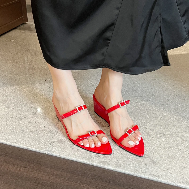 ZOOKERLIN Pointed Patent Leather Flip Flops Wedges Women's Slippers Solid Color Simple Summer Beach Slides Muller Shoes Clip Toe