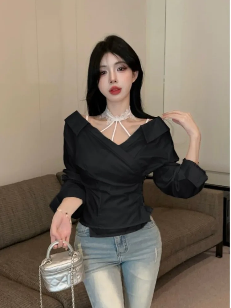 Sweet And Spicy Girl Irregular  Collar Shirt Women Summer Sexy One Shoulder Top Neck Hanging Strap Two Piece Set Commute ... view 5
