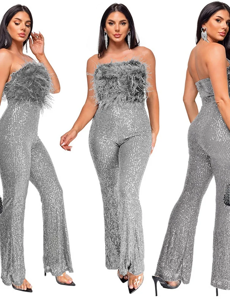 

Женский комбинезон Svel Bal iny с блестками и перьями, 2022, комбинезон с высокой талией и расклешенными штанинами, летняя коллекция, китайское производство