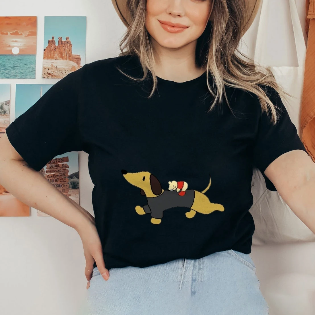 تي شيرت نسائي رائع برسومات كلب بيضاء كبيرة الحجم بطباعة تيدي بير، كاجوال أنيق فيبي تي شيرت نسائي أمريكي عصري