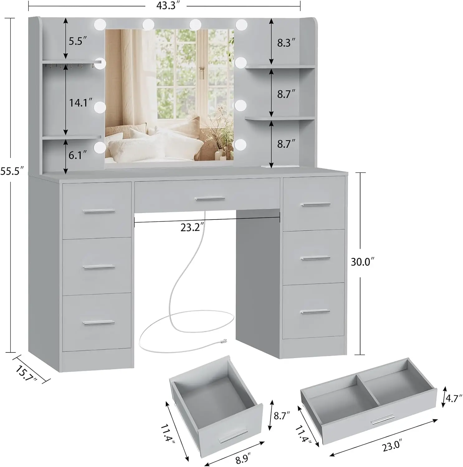 Large Vanity Desk with LED Lighted Mirror & Power Outlet Makeup Vanity Table with 7 Drawers 4 Shelves and 5 Hooks Vanity Table