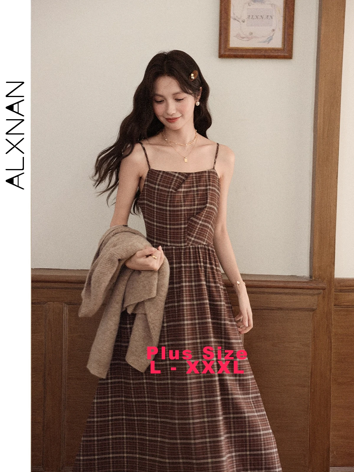 

ALXNAN Plus Size Women's Brown Plaid Sleeveless Dress Long Elegant A-line Checkered Dresses 2025 Autumn Female Clothing D12883