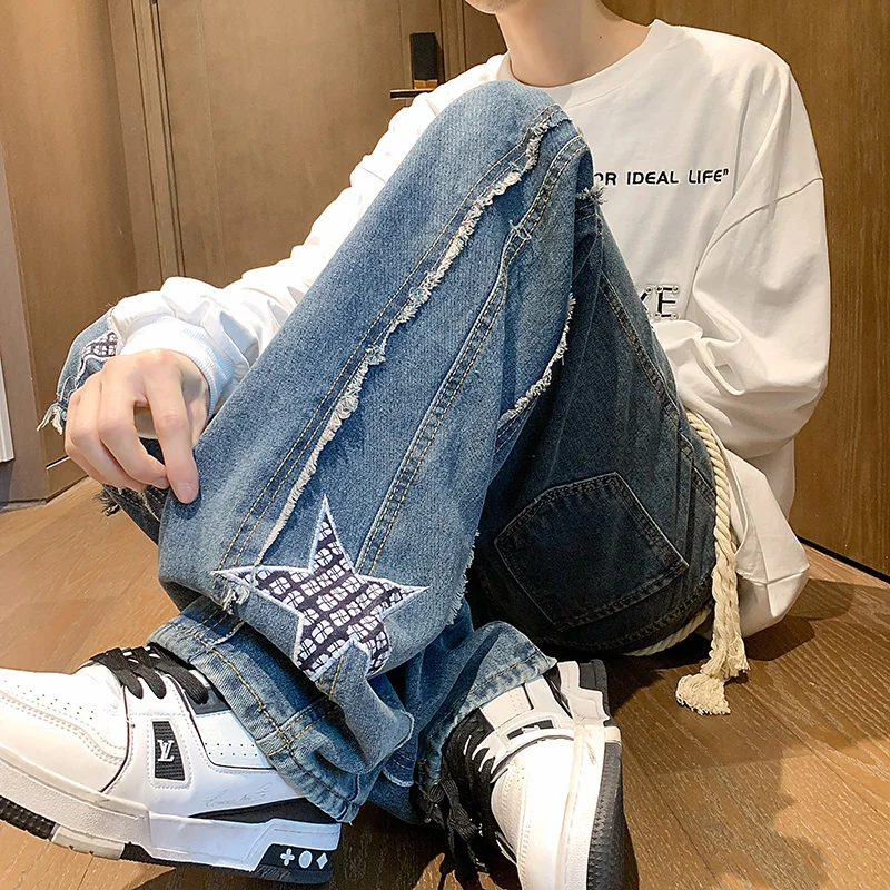 

Autumn New Star Embroidery Burrs Patchwork Jeans Fashion Streetwear Loose Straight-leg Denim Pants for Men and Women 5XL-M