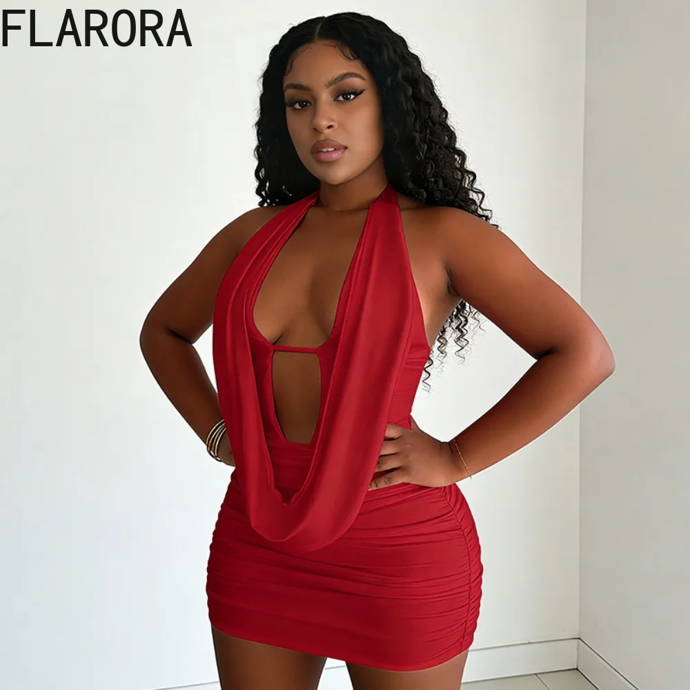 

FLARORA Wild Style Backless Dress Women Sexy Hollow Out Deep V-Neck Sleeveless Simple Ruched Stretch Midnight Party Club Bodycon