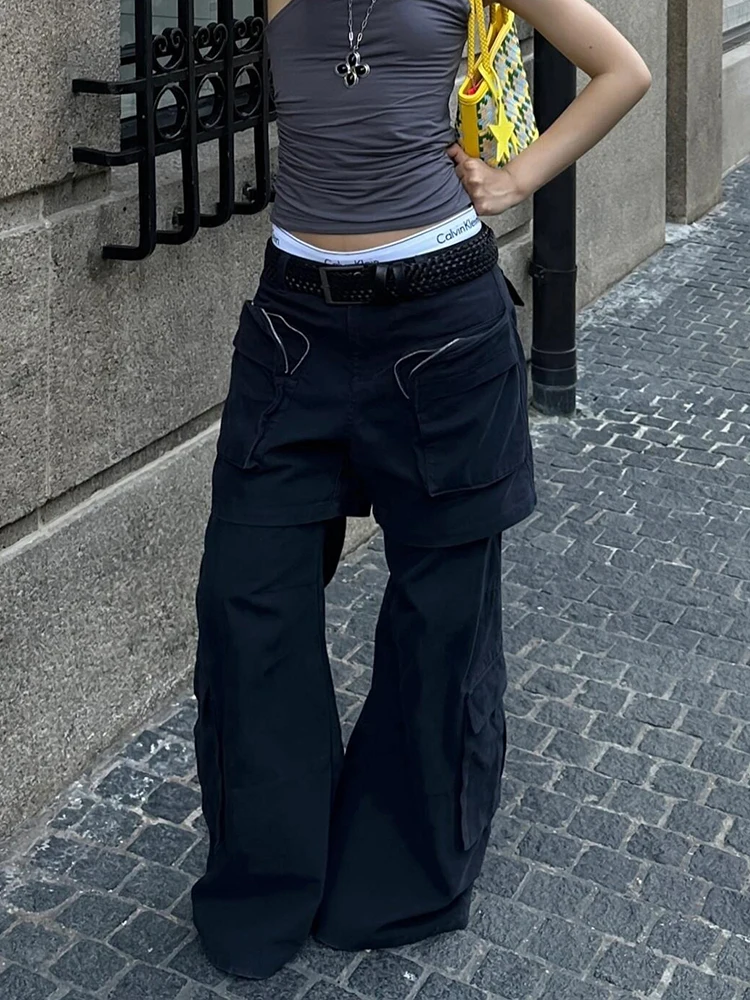 RORORIRI Multi-pocket Women Fake 2-piece Baggy Jeans High Waist Wash Pintuck Plain Stitch Wide Leg Cargo Pants Retro Streetwear