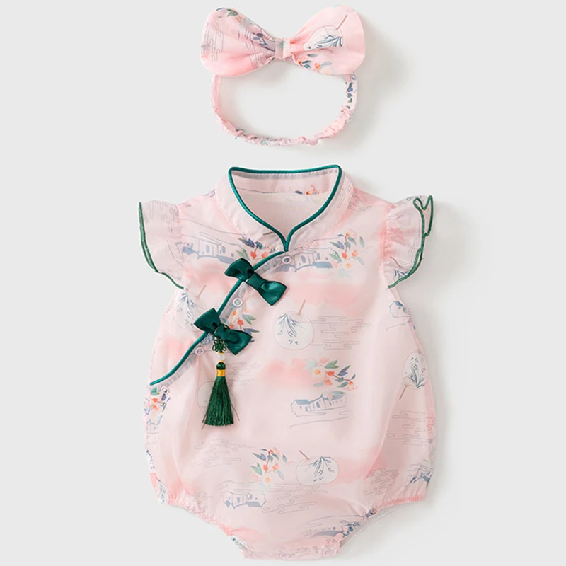 

Summer Newborn Girls Clothes Fashion Chinese Style Pink Cute Bow Sleeveless Bodysuits & One-pieces Baby Boutique Clothing BC429