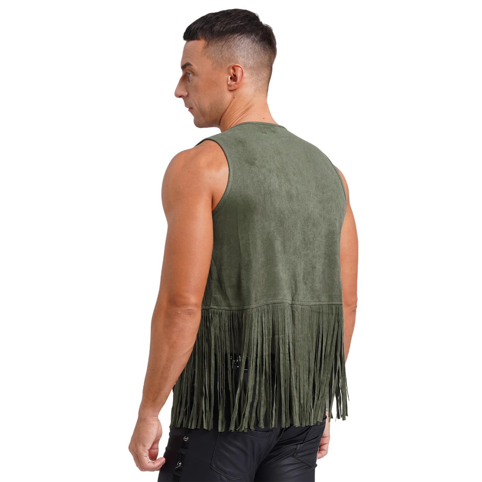 Mens Faux Suede Tassel Hippie Vest Western Cowboy Vest Cosplay Costume Open Front Jacket Retro Fashion Rivets Fringe Waistcoat