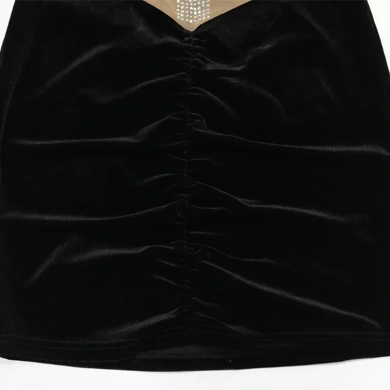 GUWU Abito corto da donna con diamanti caldi, sexy, in maglia trasparente, con giunture in velluto, avvolgente, per feste notturne