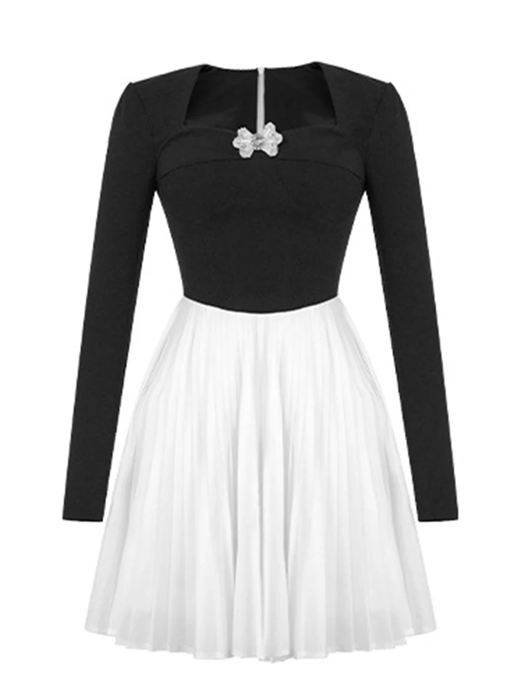 프랑스 우아한 여성용 미니 드레스, 사랑스러운 블랙 화이트 패널 긴 소매 스윙 볼 가운 스트리트 파티 드레스