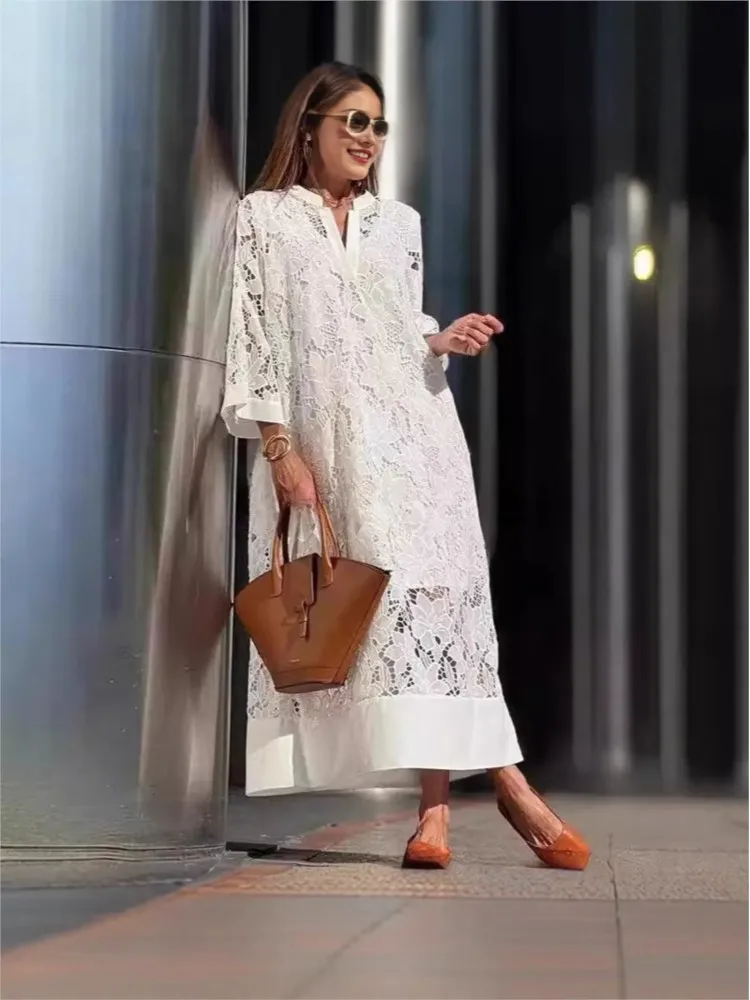 

White Embroidery Lace Dress Women Spring Sexy V Neck Hollow Out Party Dress New Boho Loose Long Dress Holiday Ladies Clothing
