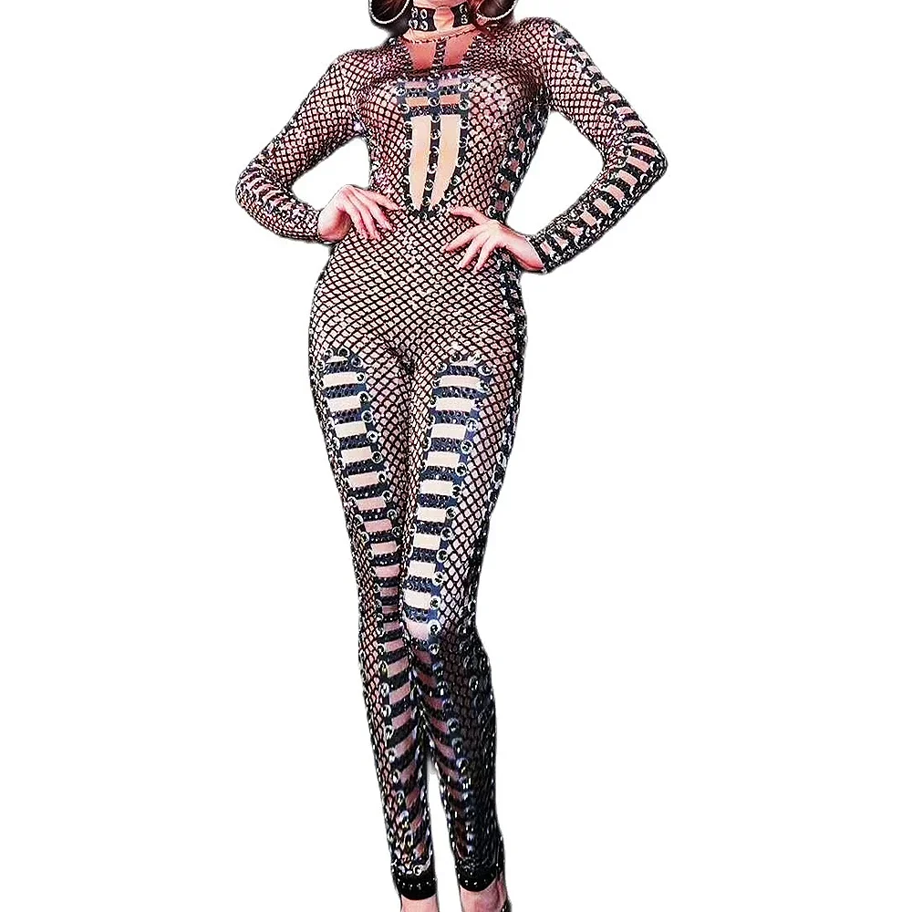 

Women Black Mesh Transparent Skinny Sparkly Rhinestones Jumpsuits Body Suits Nightclub Costumes