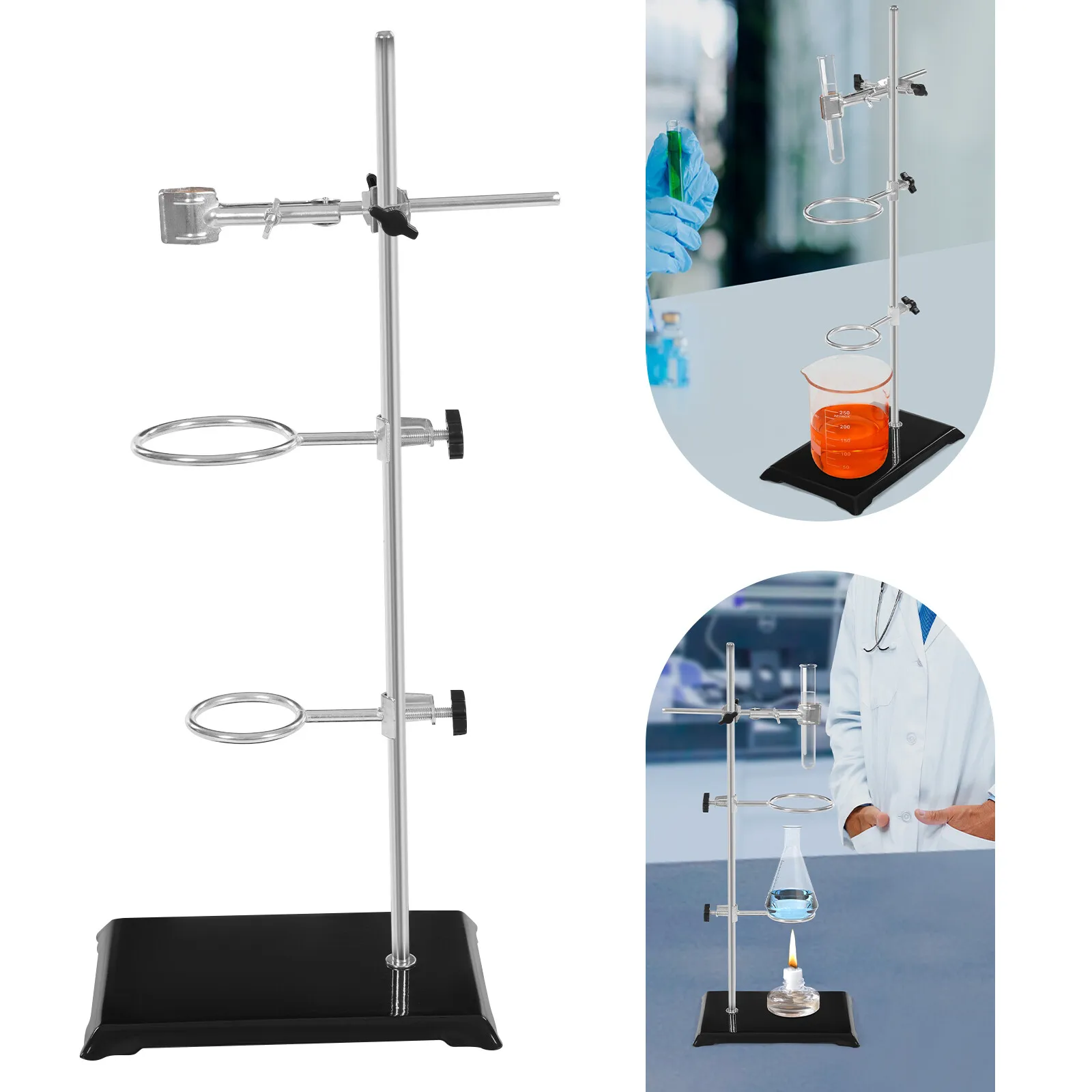 Многофункциональная лабораторная подставка с регулируемыми кольцами, зажимом для колб, компактное основание, прочная, нержавеющая для лабораторного использования