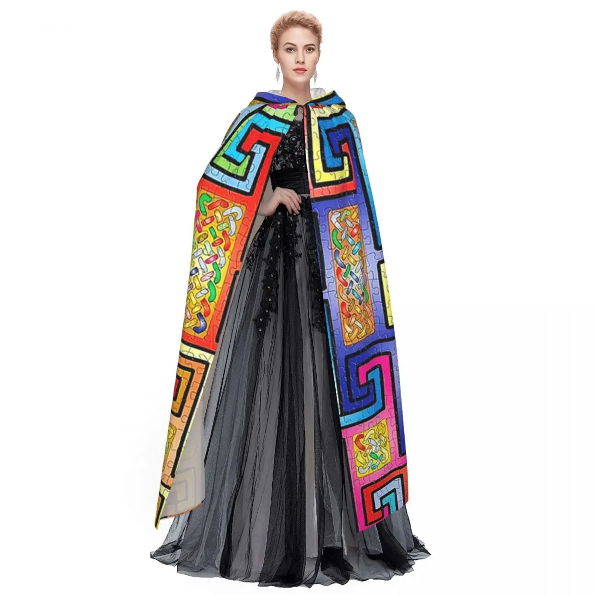 Nó celta multi-colorido padrão quadrado longo com capuz capa bruxa traje medieval cosplay capa halloweencoat adulto unisex