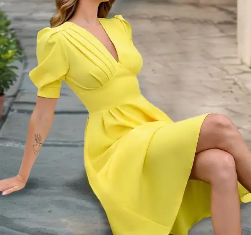 

Summer 2025 New Product Women's Elegant Pure-Color V - Neck Puff Short Sleeve Midi Dress Pleated Bodice with A - Line Skirt