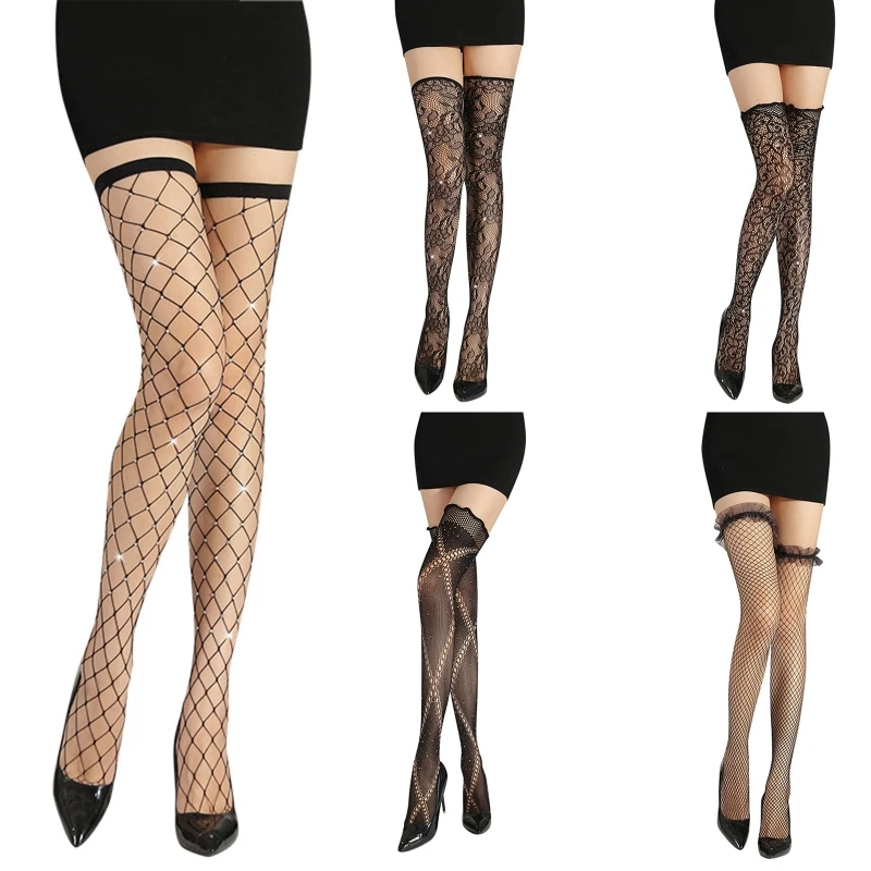 

Women Sexy Fishnet Thigh High Stockings Glitter for Rhinestone Floral Lace Jacquard Patterned Mesh Over Knee Sock