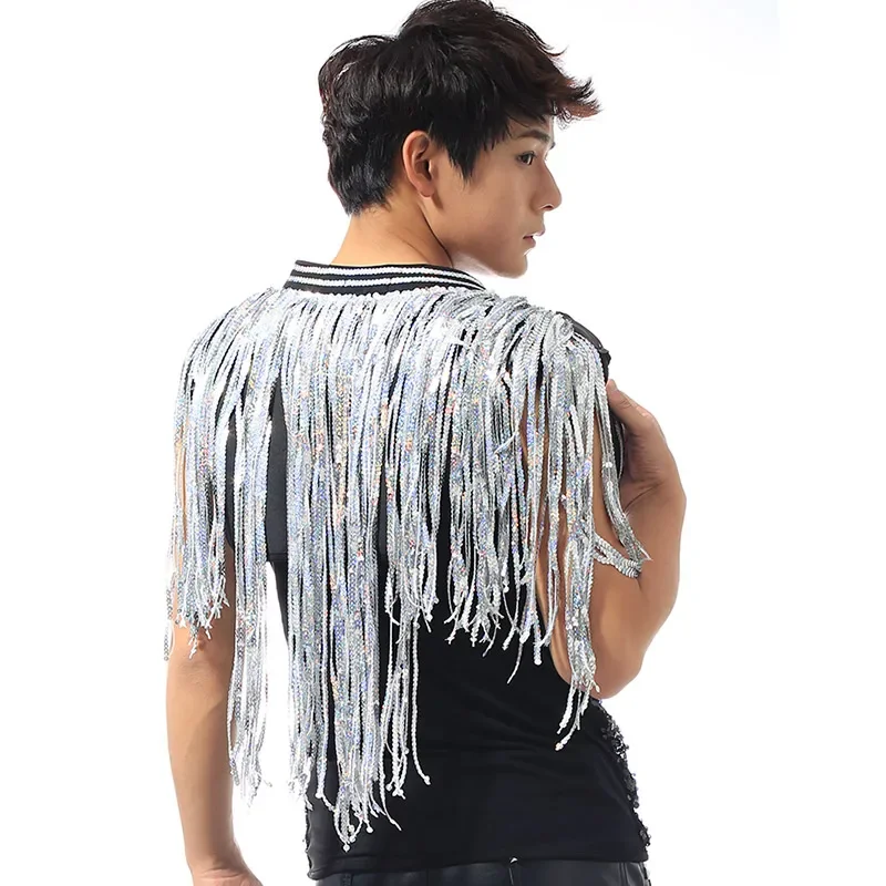 Beyonce Bar Singer DS Costume Men'S Flash Drill Super Long Fringe Tassel Vest Jacket Men Rave Clothes Jazz Sequin Tops DNV10064