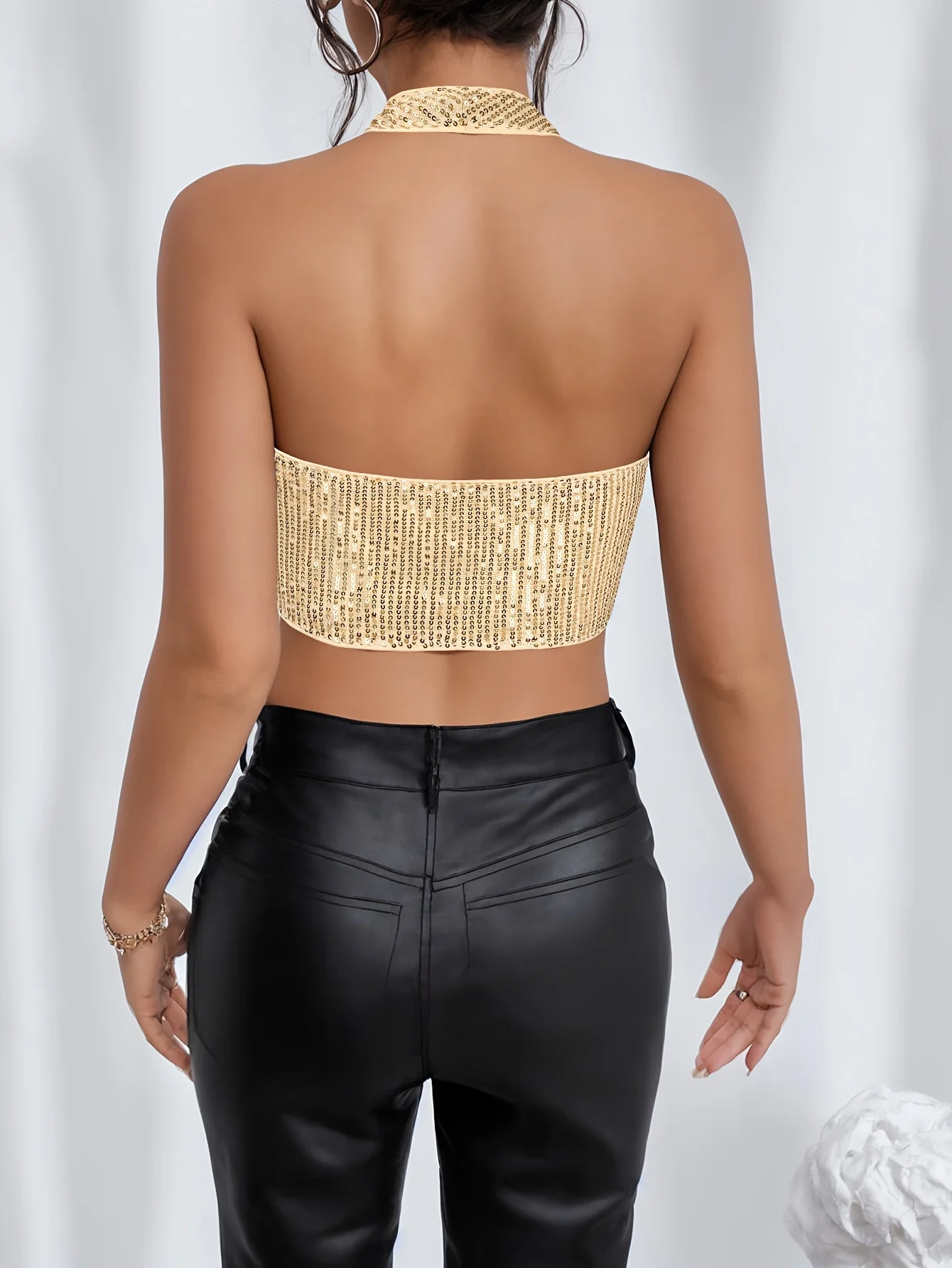 Champagne & Gold Sequined Irregular Hem Halter Top, Elegant Backless Crop Summer Top, Women\'s Clothing