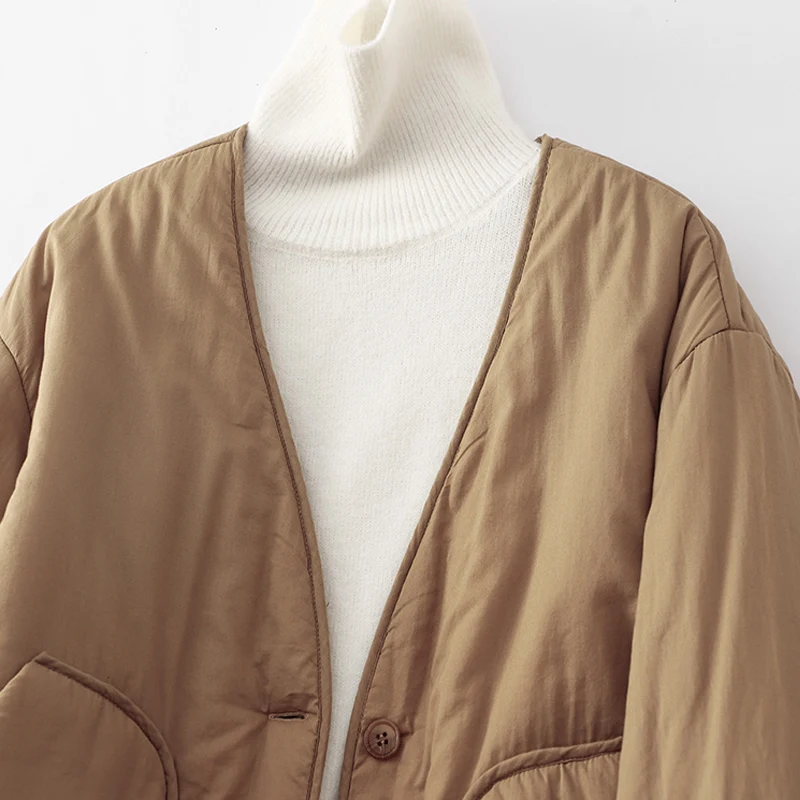 Casual Oversized Dameskleding 2024 Nieuwe Herfst V-Hals Casual Losse Dunne Parka \'S Dames Katoenen Gewatteerde Bovenkleding Jassen