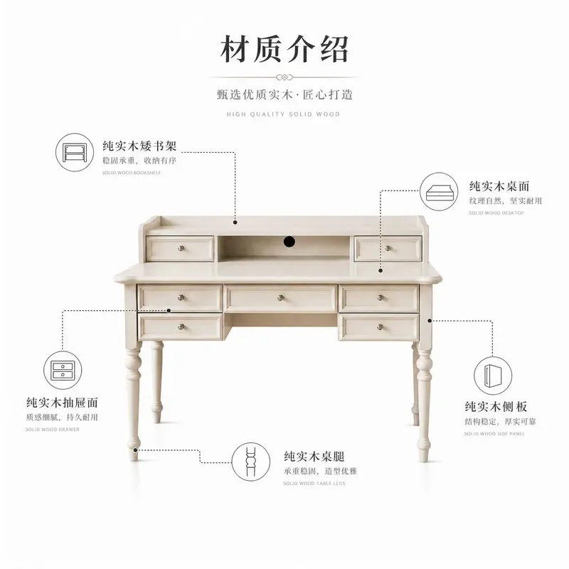 American Solid Wood Desk with Integrated Bookshelf Low Shelf Computer Study Table for Student Home Office