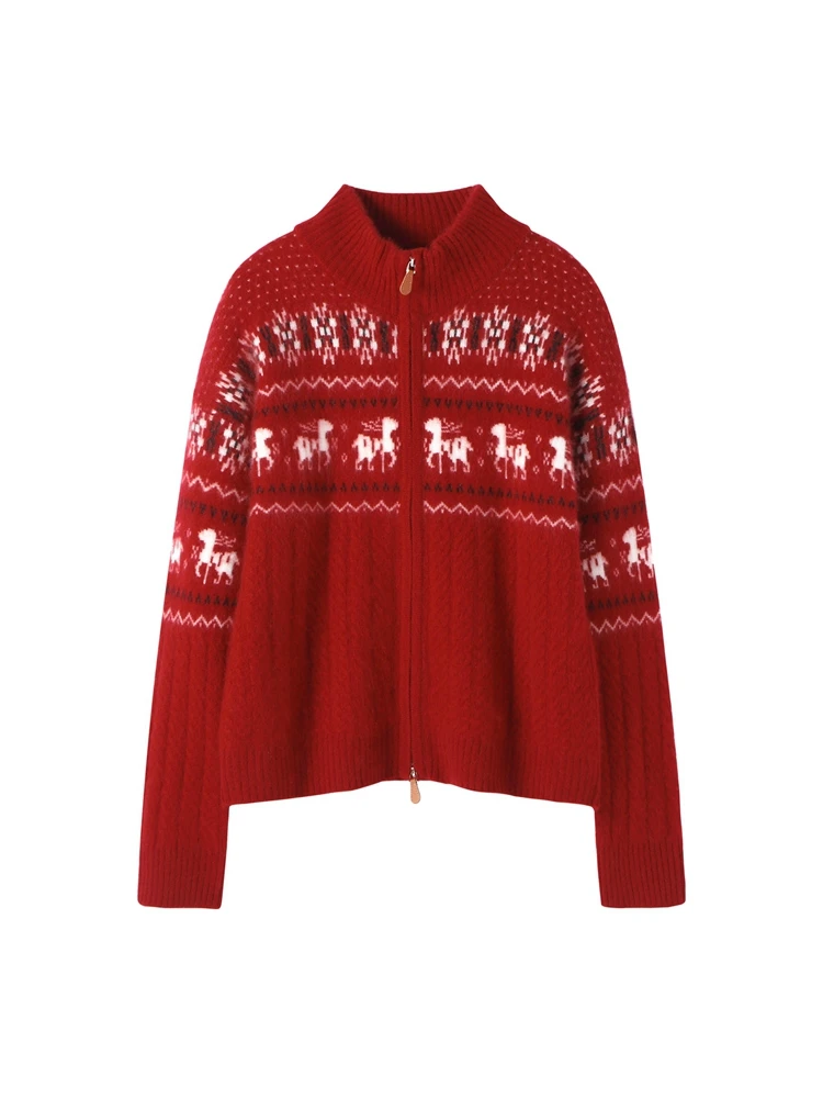 

Christmas Sweater New Chic Women's Thick Cardigan Autumn Winter 100% Cashmere Knitwear Two Way Zipper Soft Warm Long Sleeve Tops