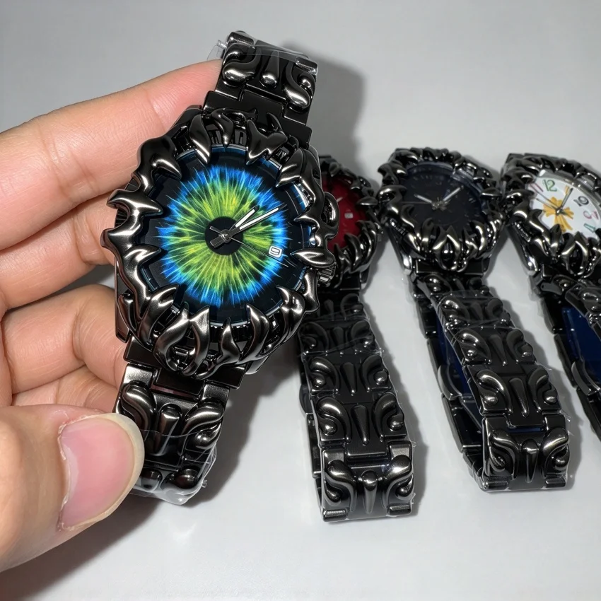 Men's Quartz Watch Gothic Flame Claw Case Evil Eye Dial Alloy Steel Band Hip Hop Punk Fashion Wristwatch Calendar Gift for M