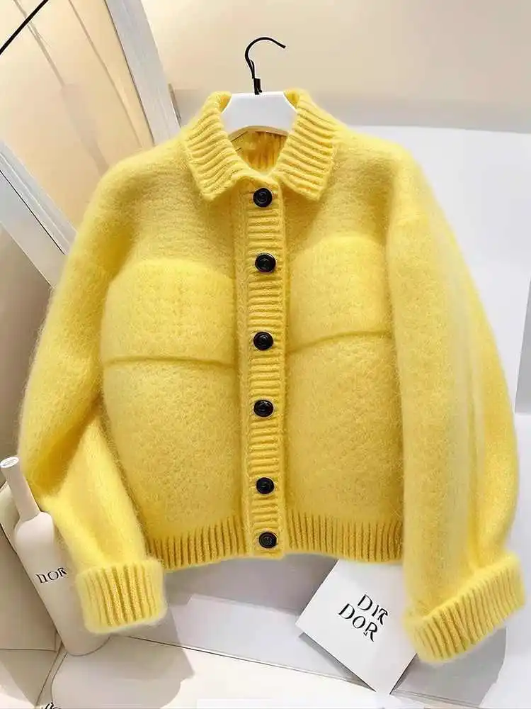 

Yellow dopamine knitted cardigan sweater women winter 2025 furry thick and warm early winter small fragrant style jacket