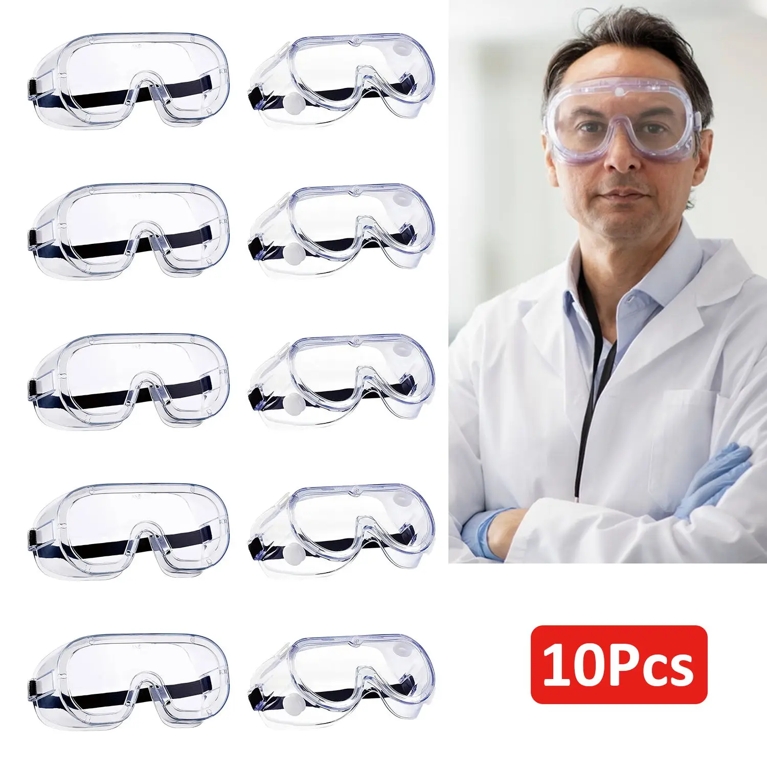 Anti Fog Safety Goggles Over Glasses UV400 Eye Protection Soft Lightweight CE Z87 Medical Prescription Lab Construction 10Pcs