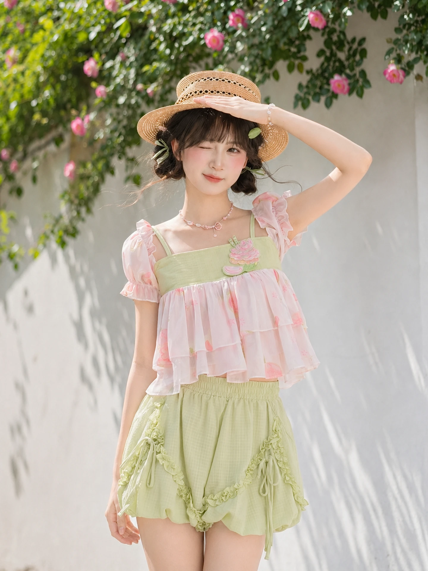 

Original One-Shoulder Countryside Style Women's Chiffon Top Bohemian Sleeveless Floral Embroidery Short Length Breathable Summer