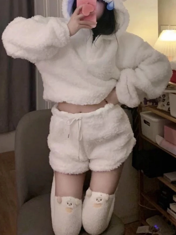 White Sweet Wool Two Piece Set Women Long Sleeve Hooded Fur Coat+ Kawaii Shorts Set Female Japanese Style Casual Short Set 2023