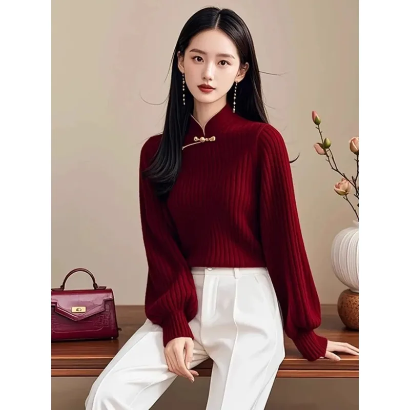 

Осень и зима, новый новый китайский стиль, красный свитер с воротником-стойкой и длинными рукавами на пуговицах, модный ретро-свитер с рукавами-фонариками